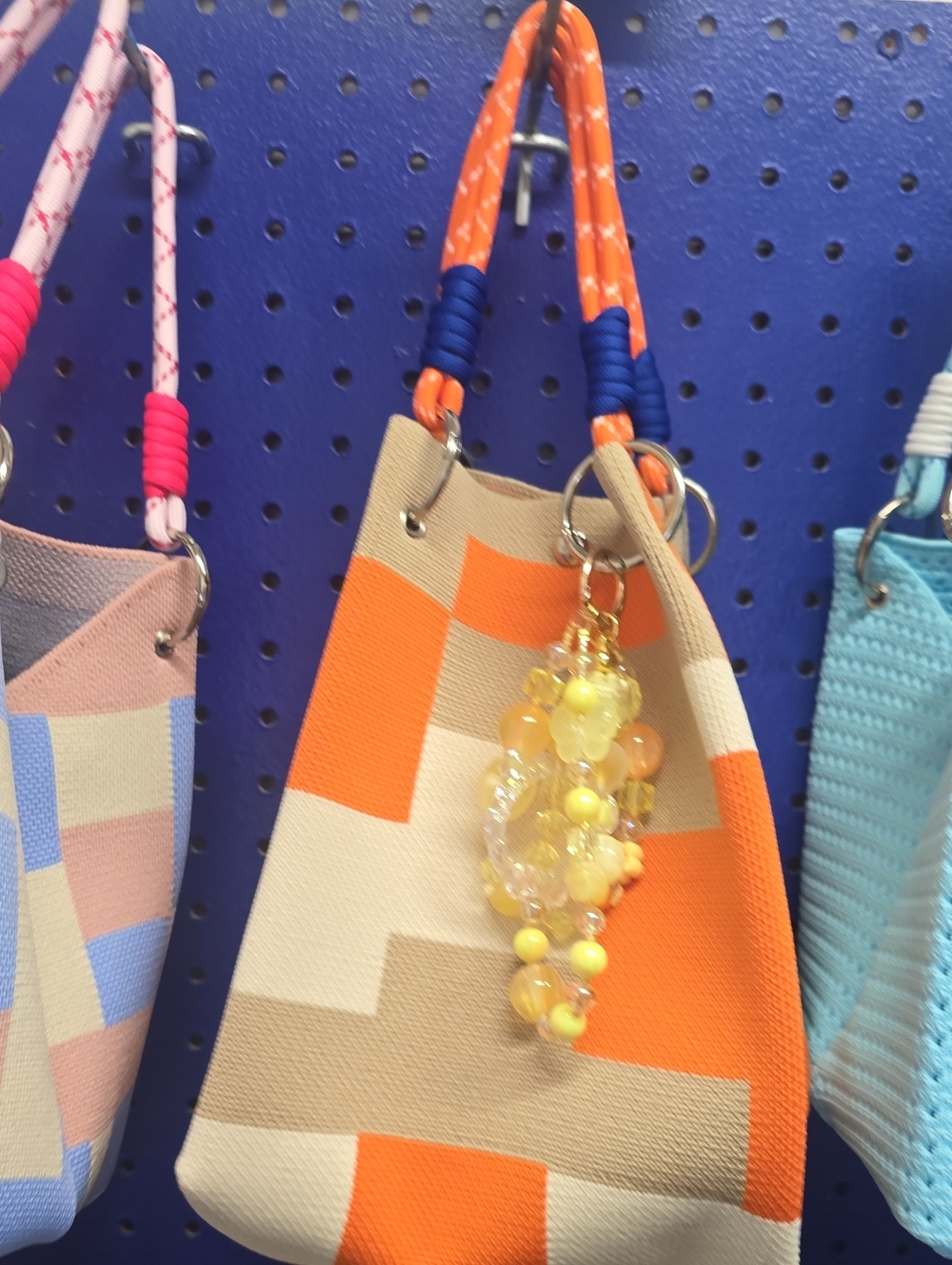 Geometric Orange & Beige Tote with Beaded Charm